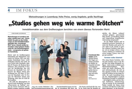 Une de la page « Im Fokus » du Luxemburger Wort du 9 avril 2014 : « Studios gehen weg wie warme Brötchen », avec Marc Kreitz